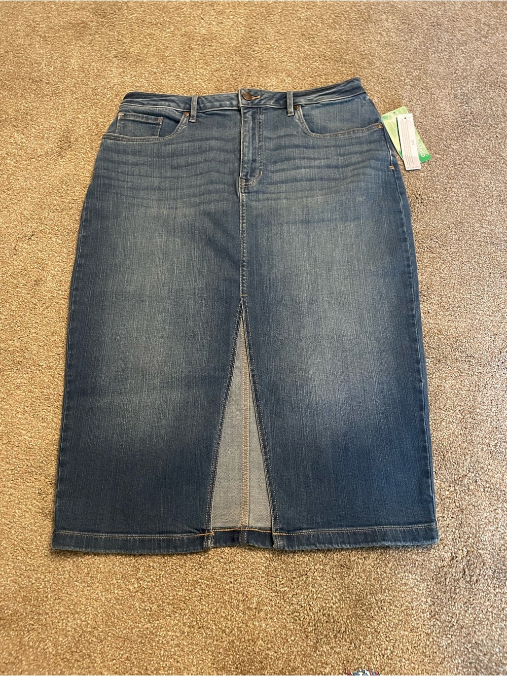 Venus Blue Medium Wash Midi Denim Pencil Skirt High Front Slit Size 16 NWT